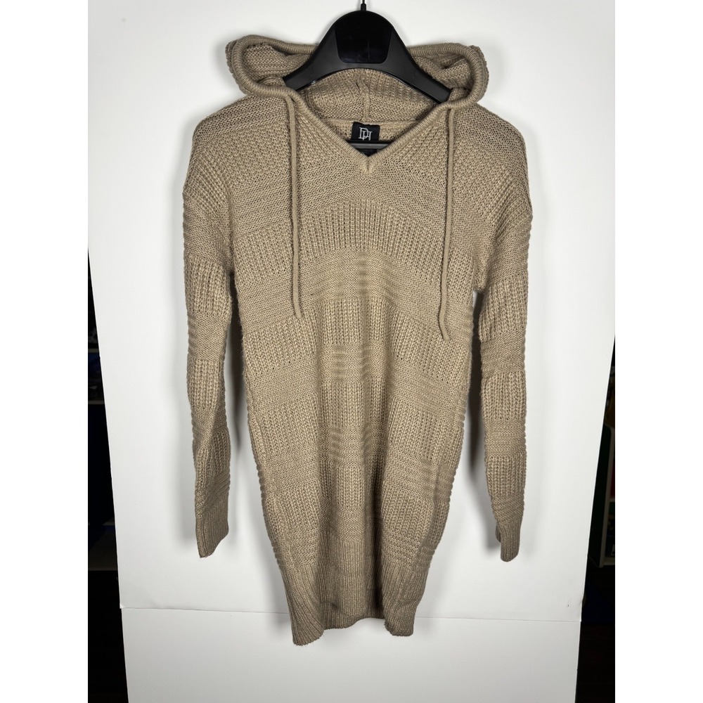 Derek Heart Sweater Dress Womens S Beige Tight Knit Ribbed Ribbed V Neck Hooded